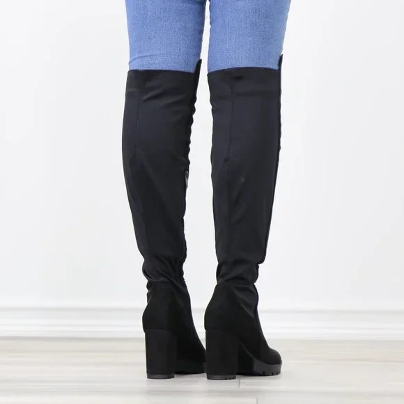 Black Thigh High Over The Knee Lug Block Heel Boots Faux Suede Round Toe - Picture 9 of 14